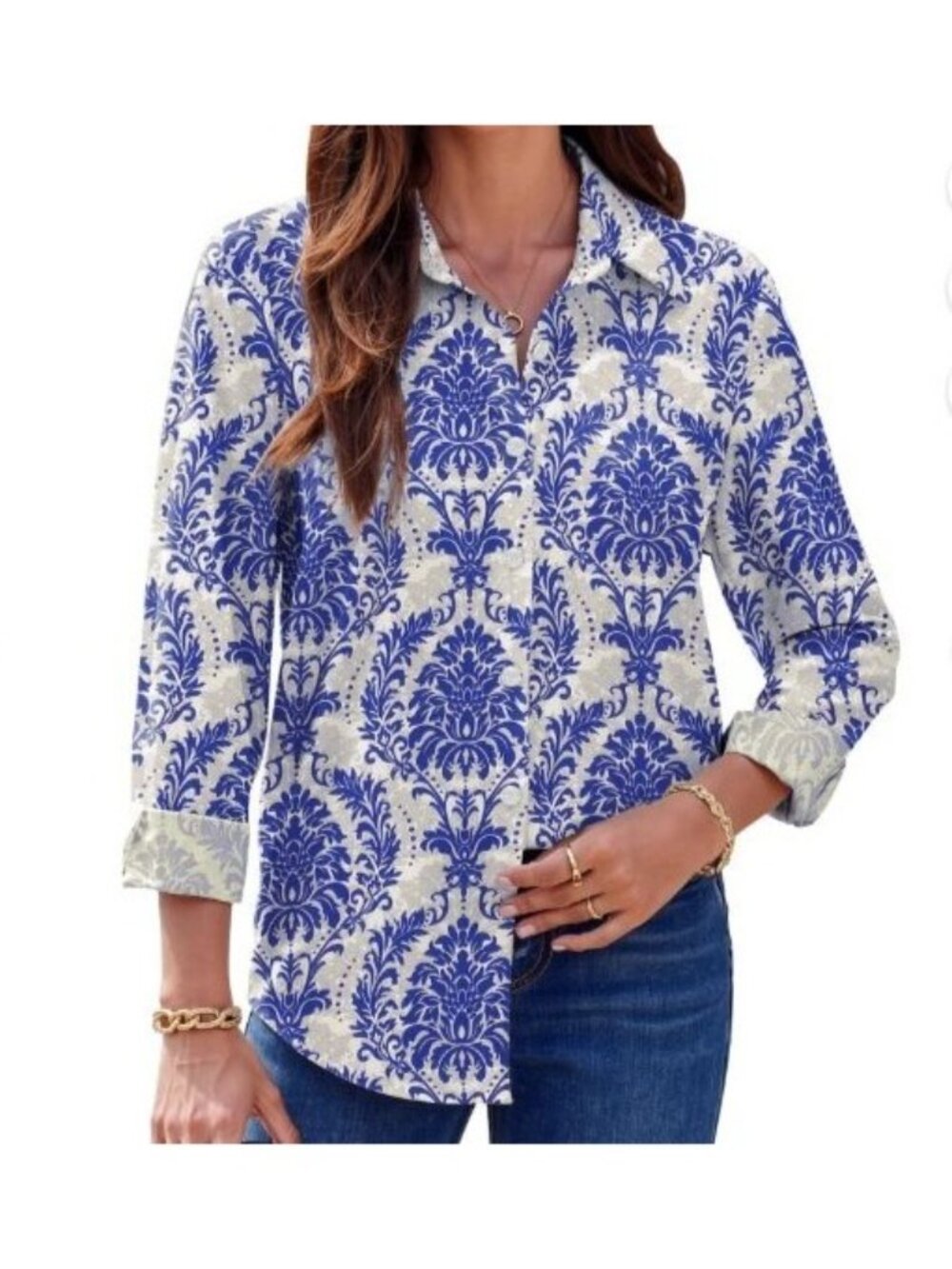 Fantaslook Long Sleeve Button Up Shirt Womens Small Blue White New
